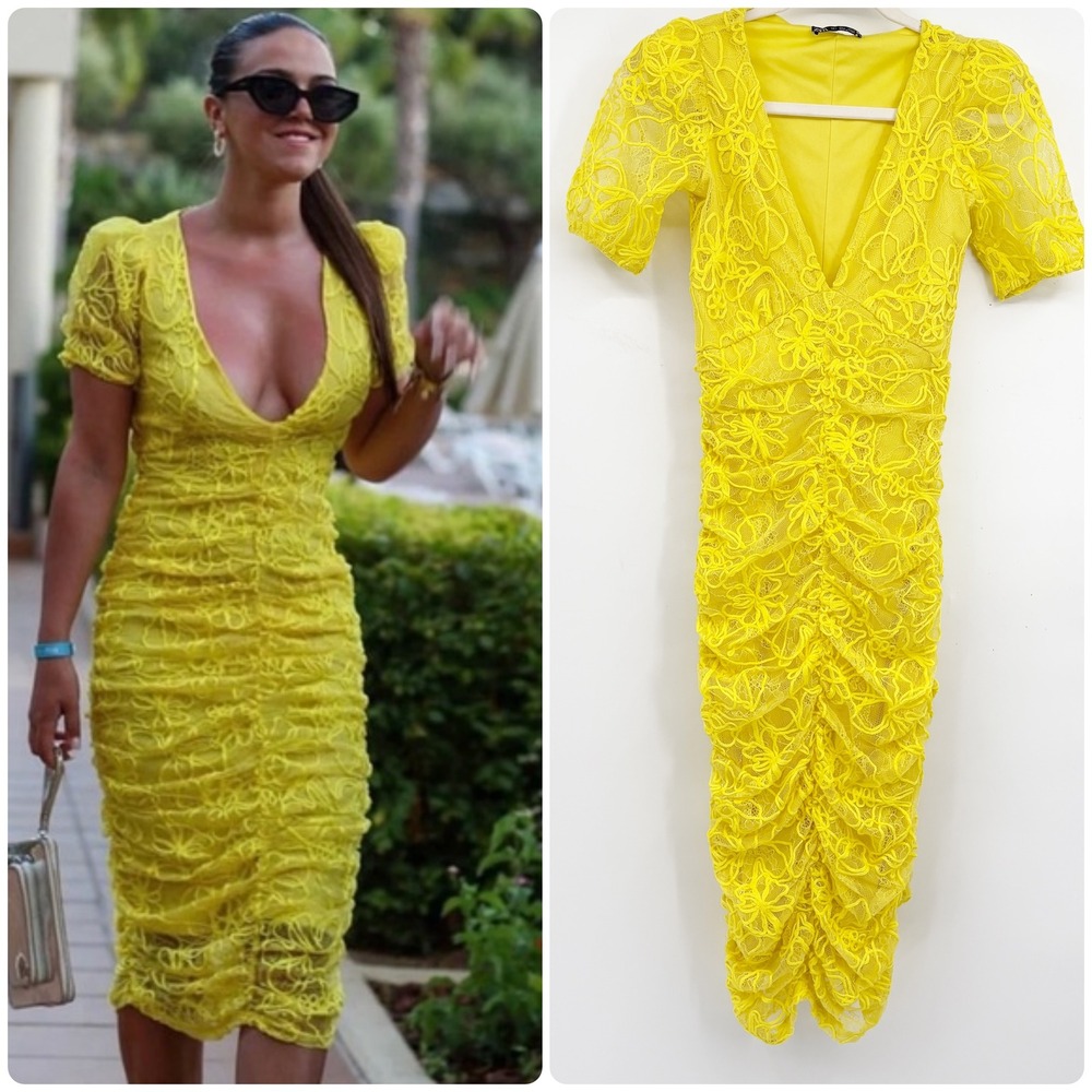 Zara Womens Blogger Fave Yellow Floral Lace‎ Ruched V-Neck Bodycon Midi Dress S